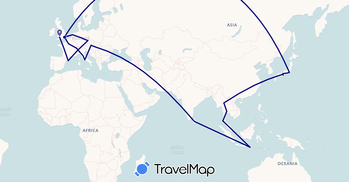 TravelMap itinerary: driving in Austria, Switzerland, Czech Republic, Spain, France, United Kingdom, Hungary, Indonesia, Italy, Japan, Sri Lanka, Netherlands, Thailand (Asia, Europe)